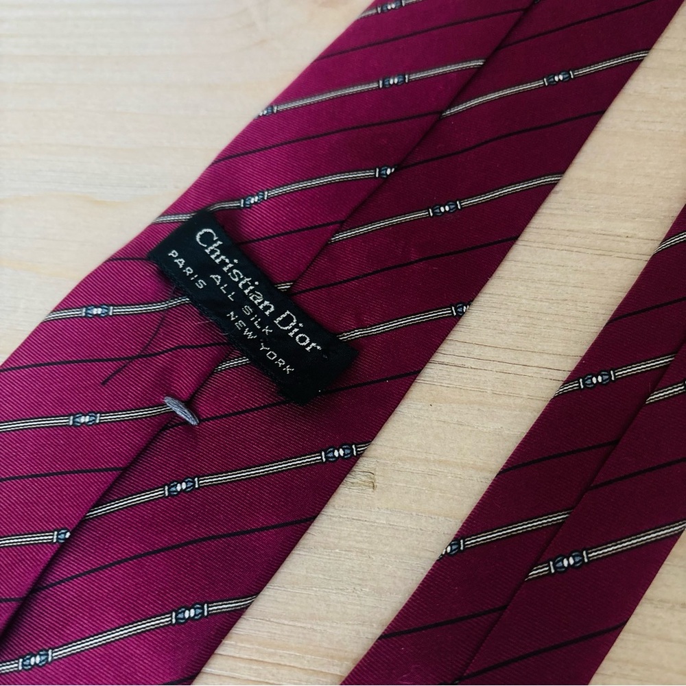 Christian Dior Vintage Mens Burgundy Striped Designer Luxury Tie - Picture 5 of 6